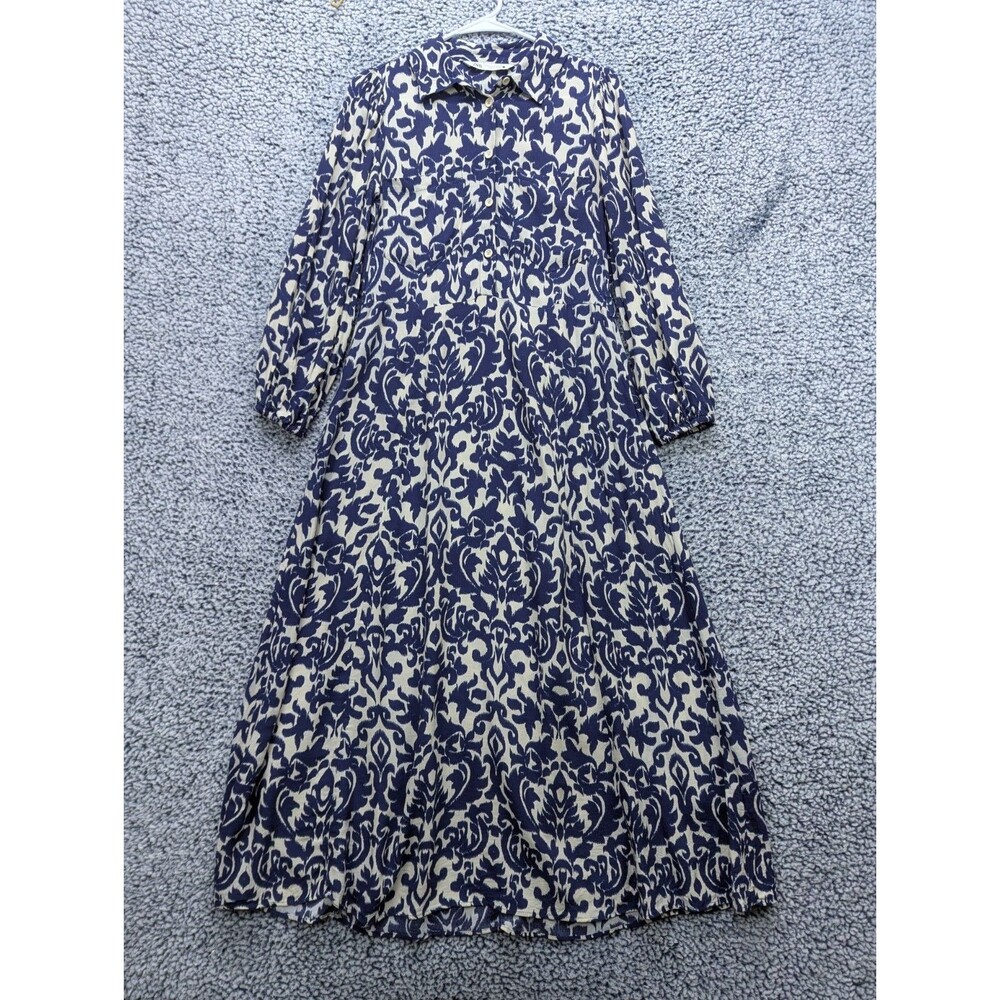 Zara Floral Long Sleeve Woven Midi Dress Size XS Boho Flowy Vacation Summer Blue